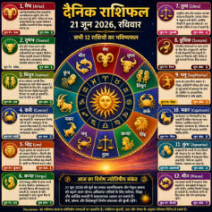 21 जून 2026 का दैनिक राशिफल और सभी 12 राशियों के प्रतीक चिन्ह चक्र की रंगीन छवि।