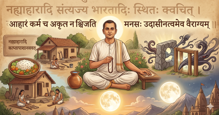 Ancient Sanskrit shloka written in clear Devanagari script on a traditional manuscript-style background, representing classical Indian wisdom, philosophy, and spiritual teachings from Sanskrit literature.