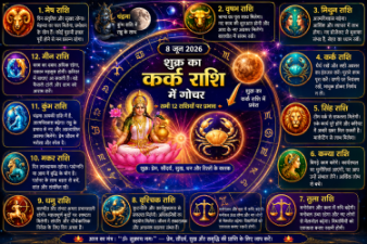 8 जून 2026 को शुक्र का कर्क राशि में गोचर और सभी 12 राशियों पर प्रभाव दिखाता हुआ एक ज्योतिषीय चार्ट.