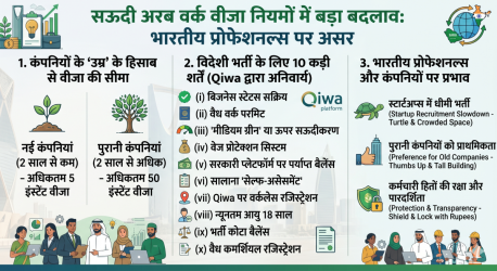 एक विस्तृत इन्फोग्राफिक, जो सऊदी अरब के Qiwa प्लेटफ़ॉर्म द्वारा वर्क वीजा नियमों में किए गए हालिया और महत्वपूर्ण बदलावों को स्पष्ट रूप से दर्शाता है। इन्फोग्राफिक तीन मुख्य भागों में विभाजित है, जिसमें शीर्षक हिंदी में लिखा है: "सऊदी अरब वर्क वीजा नियमों में बड़ा बदलाव: भारतीय प्रोफेशनल्स पर असर"।