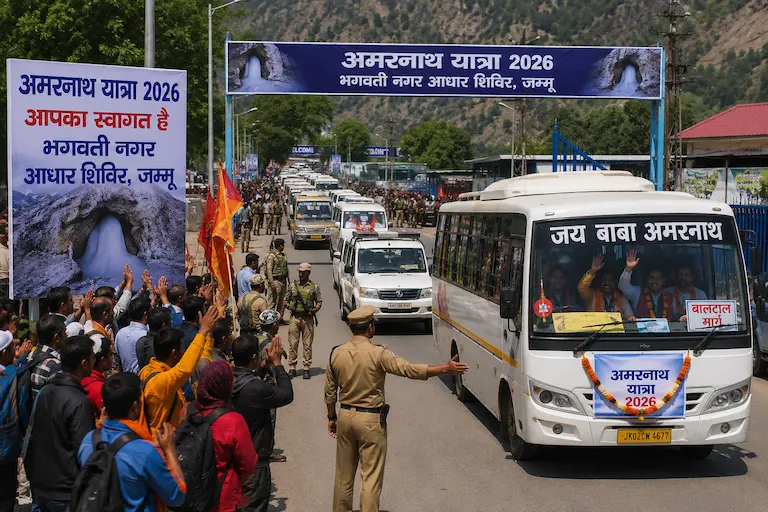जम्मू के भगवती नगर आधार शिविर से अमरनाथ यात्रा 2026 के लिए रवाना होते श्रद्धालुओं और वाहनों का काफिला।