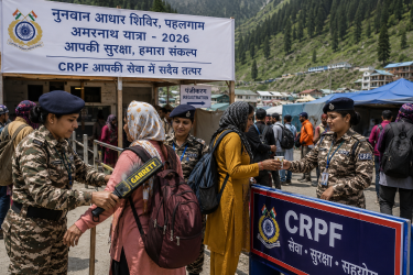 नुनवान आधार शिविर पहलगाम में अमरनाथ यात्रा 2026 के दौरान सुरक्षा जांच और श्रद्धालुओं की सहायता करतीं सीआरपीएफ (CRPF) की महिला सुरक्षाकर्मी।