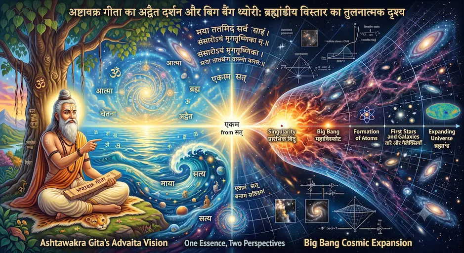 अष्टावक्र गीता का अद्वैत दर्शन और बिग बैंग थ्योरी के ब्रह्मांडीय विस्तार को दर्शाती एक काल्पनिक तुलनात्मक छवि।