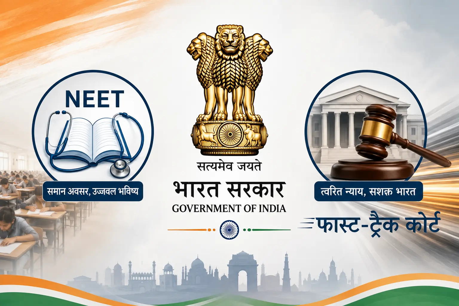 NEET परीक्षा और फास्ट-ट्रैक कोर्ट के प्रतीक के साथ भारत सरकार के प्रतीक चिन्ह का पोस्टर