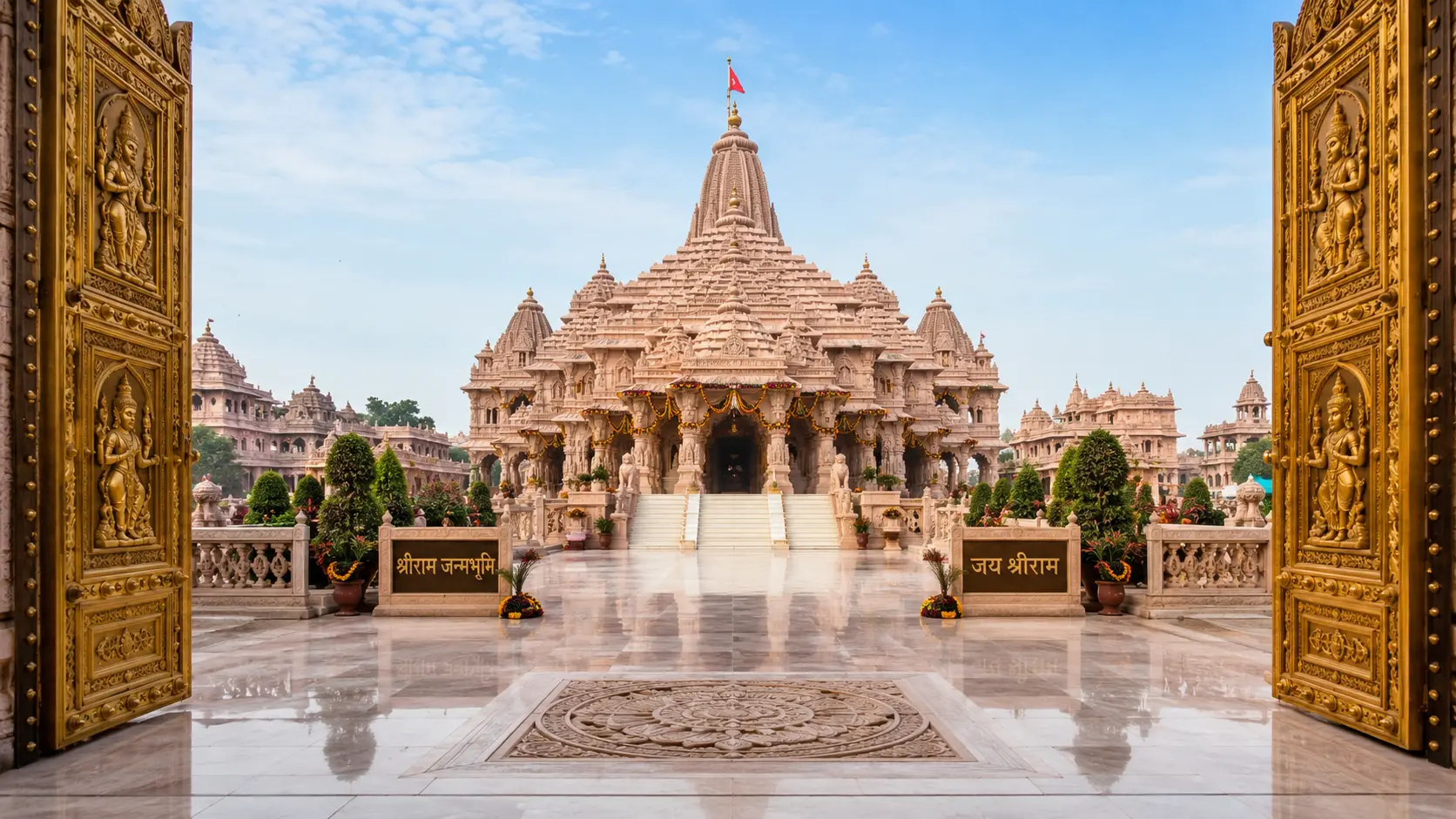 अयोध्या में मुख्य द्वार से दिखने वाला भव्य श्रीराम जन्मभूमि मंदिर परिसर.