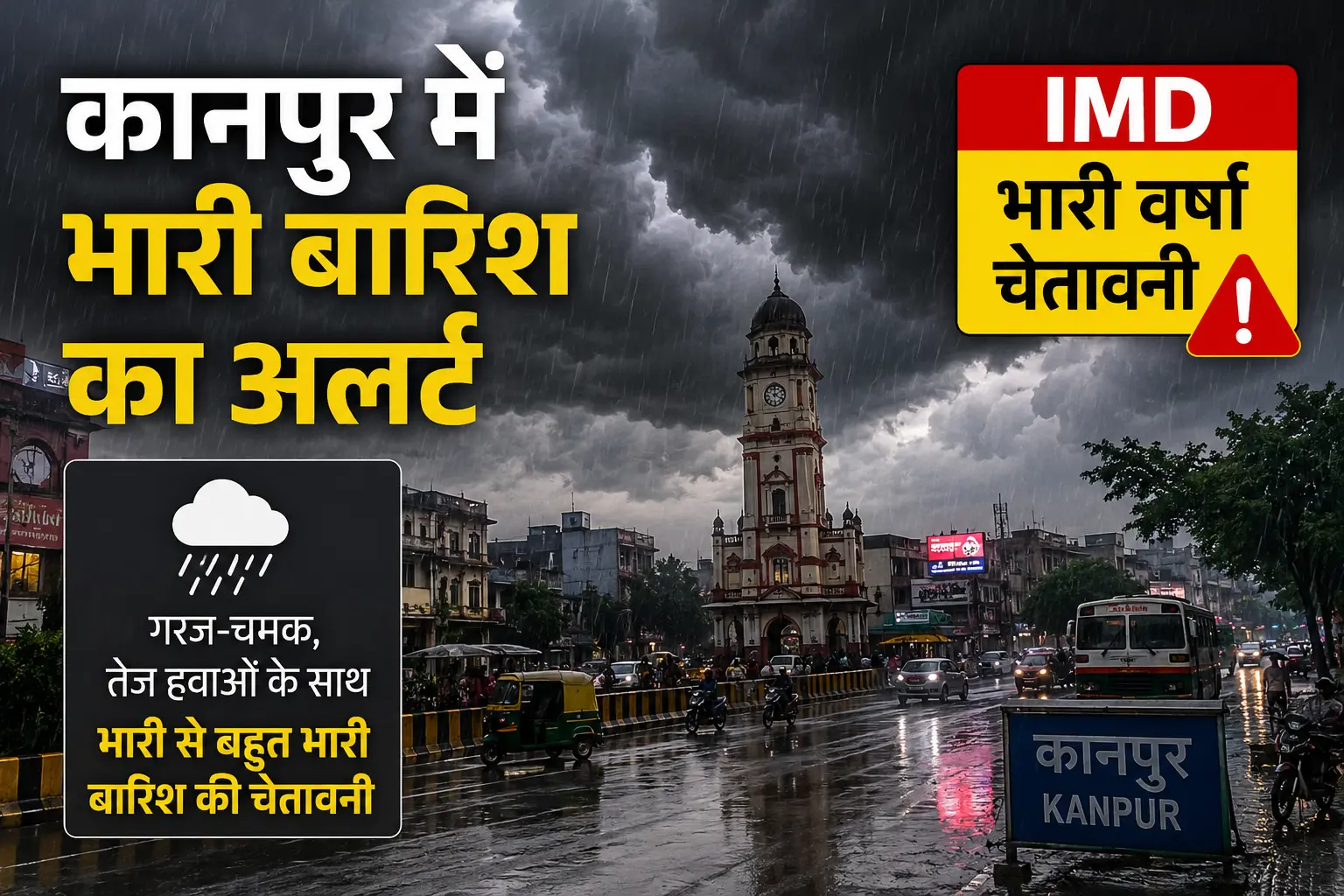 कानपुर शहर में काले मानसूनी बादलों के बीच तेज बारिश और IMD द्वारा जारी भारी वर्षा चेतावनी का दृश्य।
