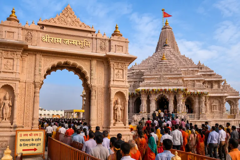 अयोध्या राम मंदिर का भव्य मुख्य द्वार और गर्भगृह का बाहरी दृश्य, जहाँ श्रद्धालु दर्शन के लिए एकत्रित हैं (सांकेतिक चित्र)।