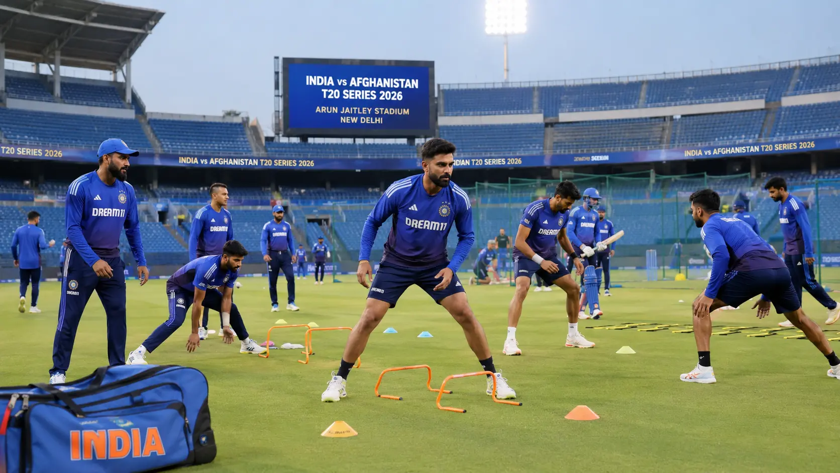 नई दिल्ली के अरुण जेटली स्टेडियम में भारत बनाम अफगानिस्तान T20 सीरीज 2026 की तैयारियों में जुटी भारतीय क्रिकेट टीम।