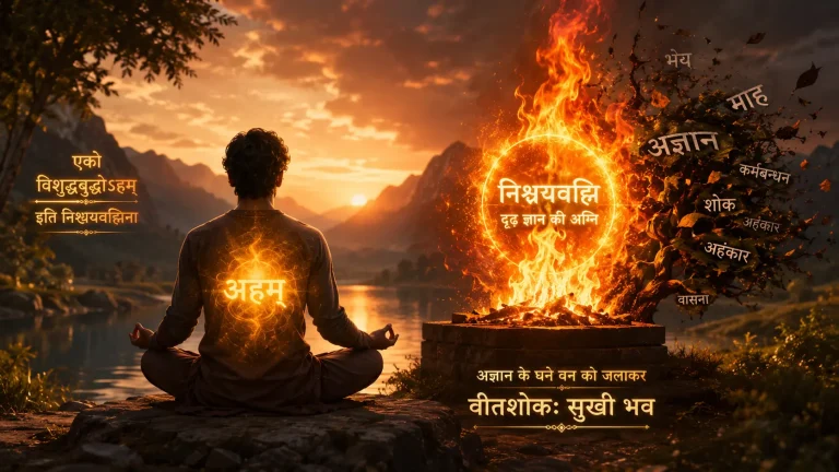 ध्यान मुद्रा में बैठा व्यक्ति और आत्मज्ञान की निश्चयवह्नि अग्नि का प्रतीक
