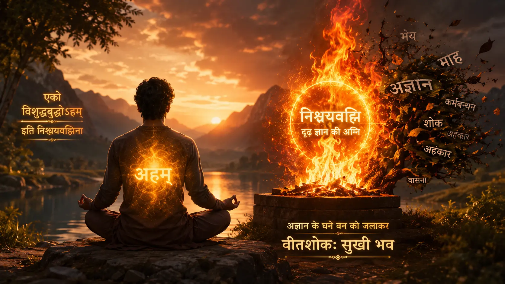 ध्यान मुद्रा में बैठा व्यक्ति और आत्मज्ञान की निश्चयवह्नि अग्नि का प्रतीक