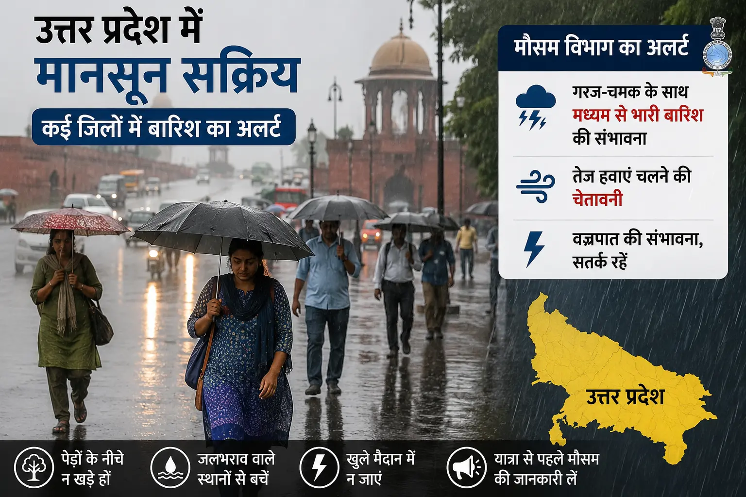 उत्तर प्रदेश में मानसून की बारिश के दौरान छाता लेकर जाते लोग और मौसम विभाग का अलर्ट।