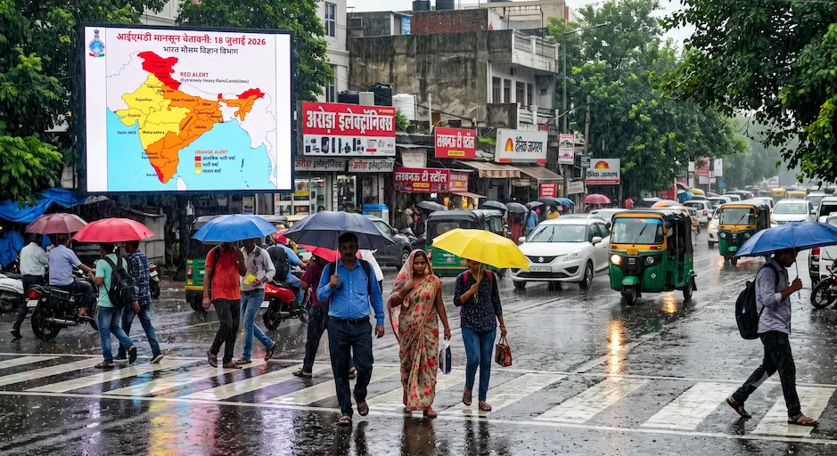 भारत में मानसून 2026 के दौरान भारी बारिश के बीच छाता लेकर सड़क पार करते लोग और आईएमडी का वेदर अलर्ट मैप।