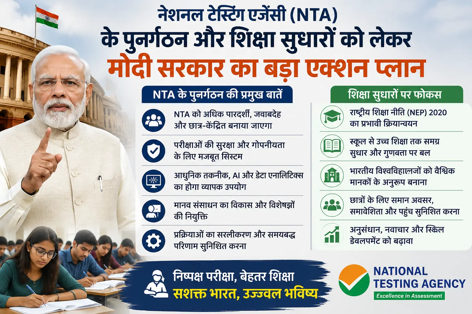 नेशनल टेस्टिंग एजेंसी (NTA) के पुनर्गठन और शिक्षा सुधारों को लेकर मोदी सरकार का बड़ा एक्शन प्लान।