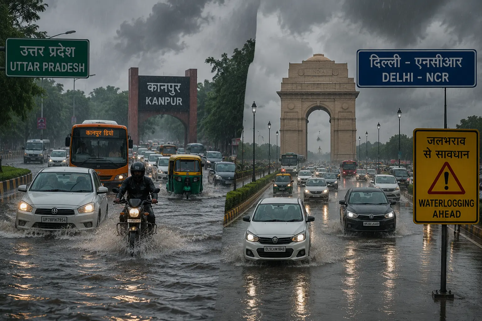 उत्तर प्रदेश और दिल्ली-एनसीआर में बारिश के दौरान जलभराव और मानसून का दृश्य