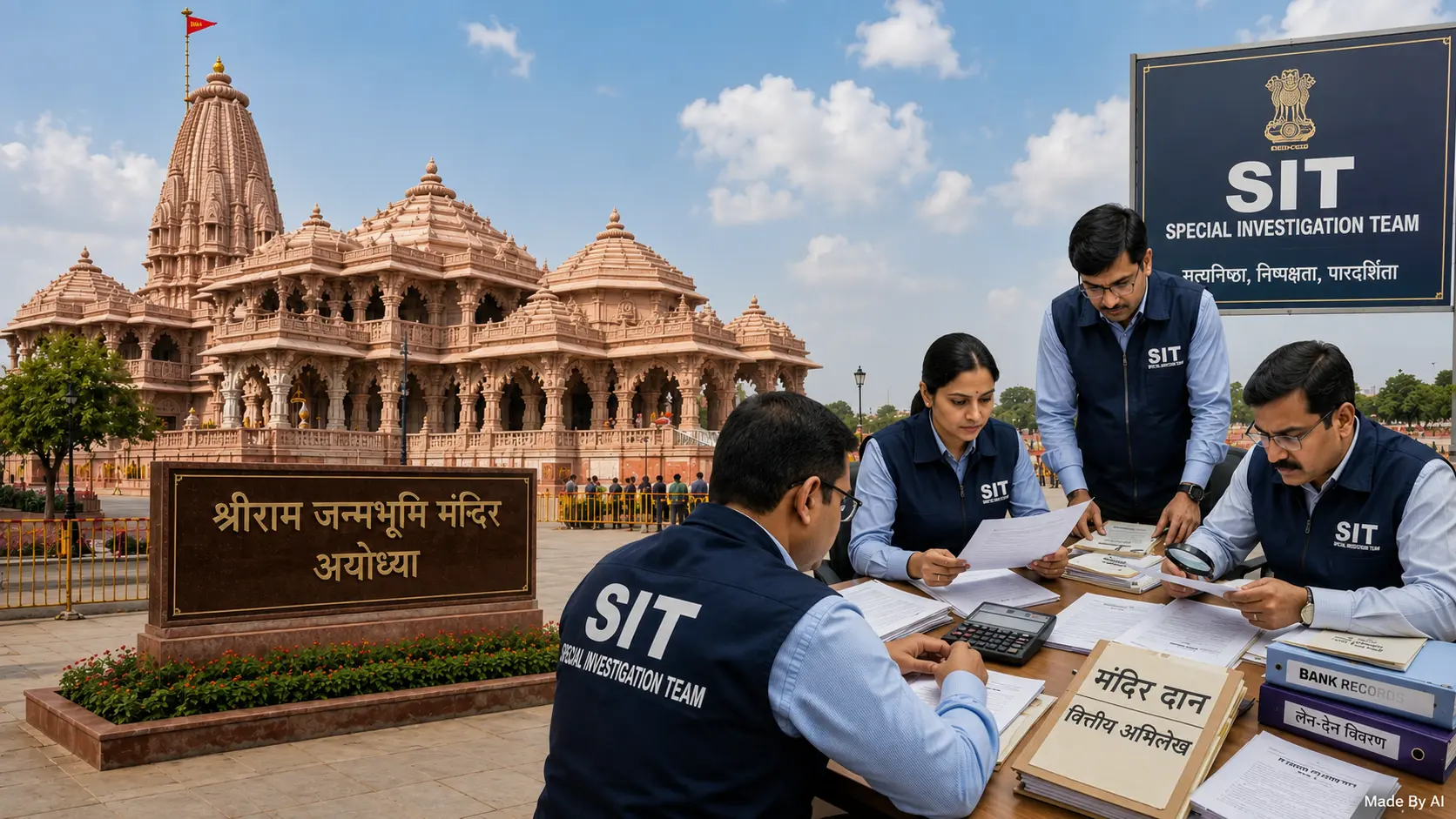 अयोध्या स्थित श्रीराम जन्मभूमि मंदिर परिसर और नई विशेष जांच टीम (SIT) द्वारा वित्तीय अभिलेखों की पड़ताल का सांकेतिक चित्र