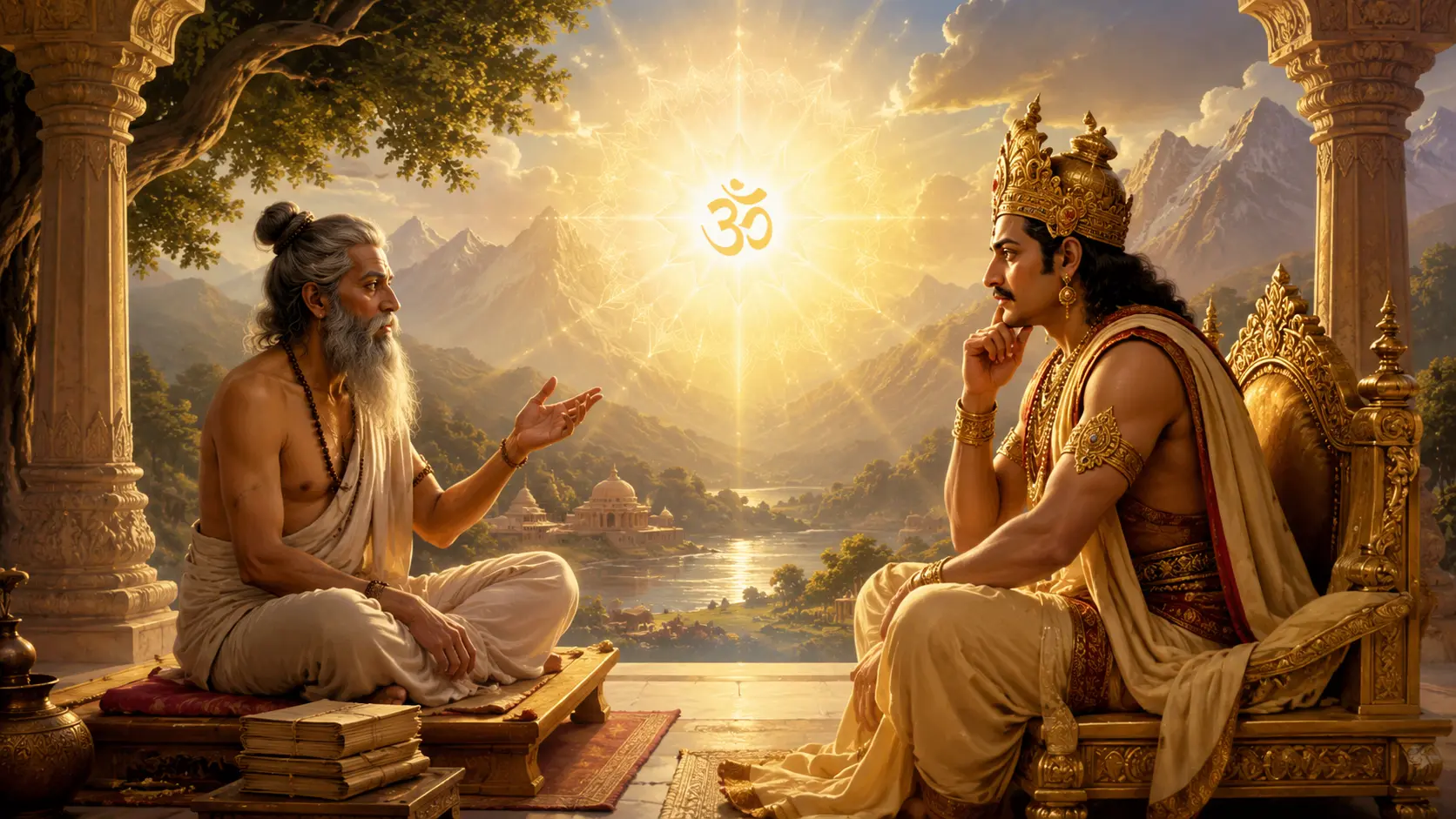 ऋषि अष्टावक्र और राजा जनक के बीच आत्मज्ञान के संवाद को दर्शाती एक शांत आध्यात्मिक पृष्ठभूमि की छवि, जिसमें एक ध्यानमग्न मुद्रा और पृष्ठभूमि में चमकता हुआ प्रकाश दिखाई दे रहा है।