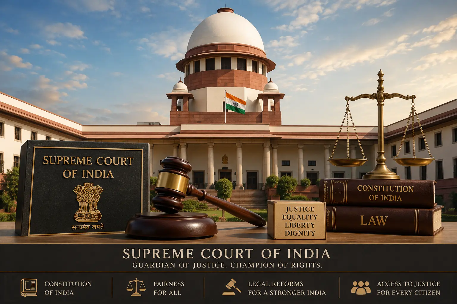 सुप्रीम कोर्ट ऑफ इंडिया का अग्रभाग, जो न्याय और कानूनी सुधारों का प्रतीक है।
