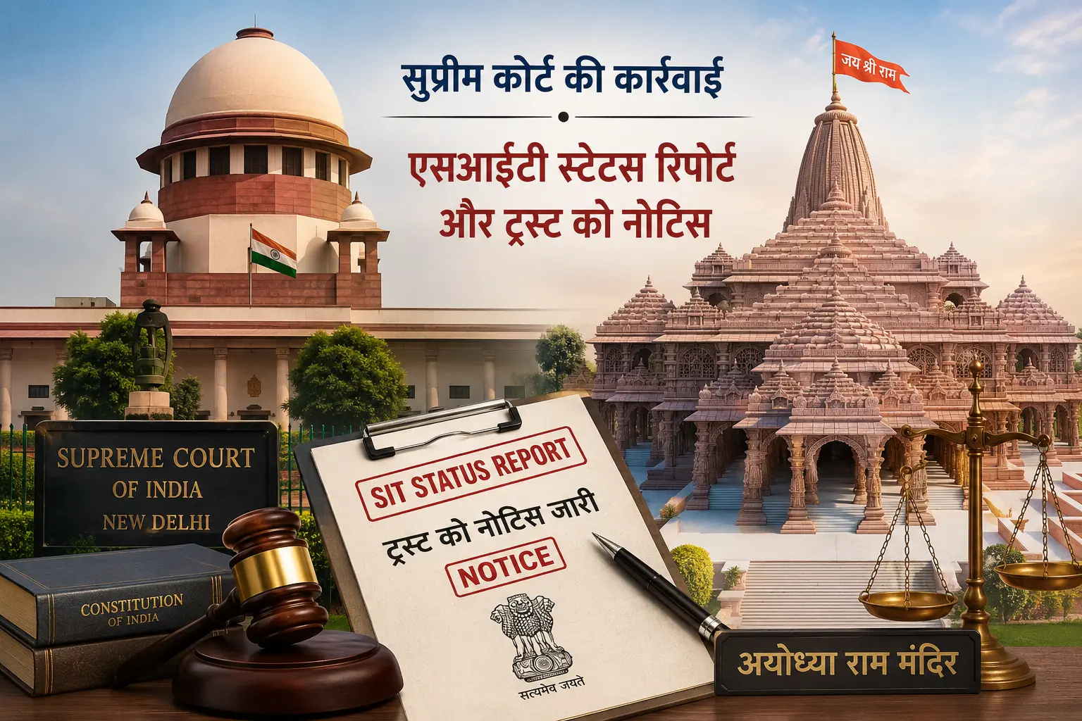 सुप्रीम कोर्ट नई दिल्ली की इमारत और अयोध्या राम मंदिर का प्रतीकात्मक चित्र जहां एसआईटी स्टेटस रिपोर्ट और ट्रस्ट को नोटिस की कानूनी कार्यवाही चल रही है।