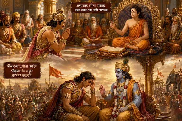 राजा जनक के राजदरबार में बैठे हुए ज्ञानी ऋषि अष्टावक्र और उनके सामने हाथ जोड़कर आध्यात्मिक जिज्ञासा व्यक्त करते हुए राजा जनक, अष्टावक्र गीता संवाद का चित्रण और कुरुक्षेत्र युद्ध के मैदान में रथ पर सवार होकर विषादग्रस्त अर्जुन को श्रीमदभगवद्गीता का दिव्य उपदेश देते हुए भगवान श्रीकृष्ण, महाभारत युद्ध की पृष्ठभूमि का कोलाज