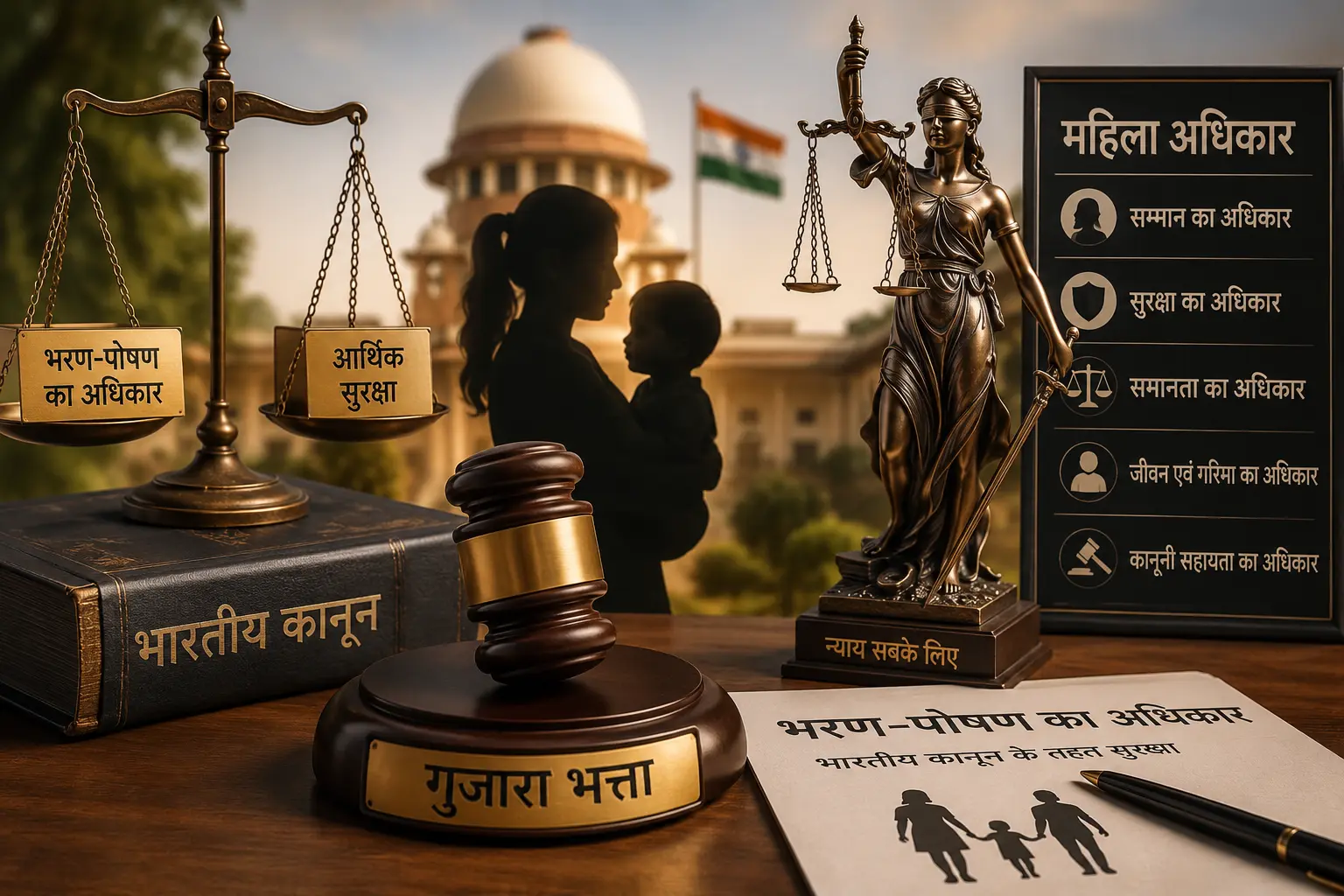 भारतीय कानून के तहत गुजारा भत्ता और महिला अधिकार - कानूनी न्याय की प्रतीकात्मक छवि