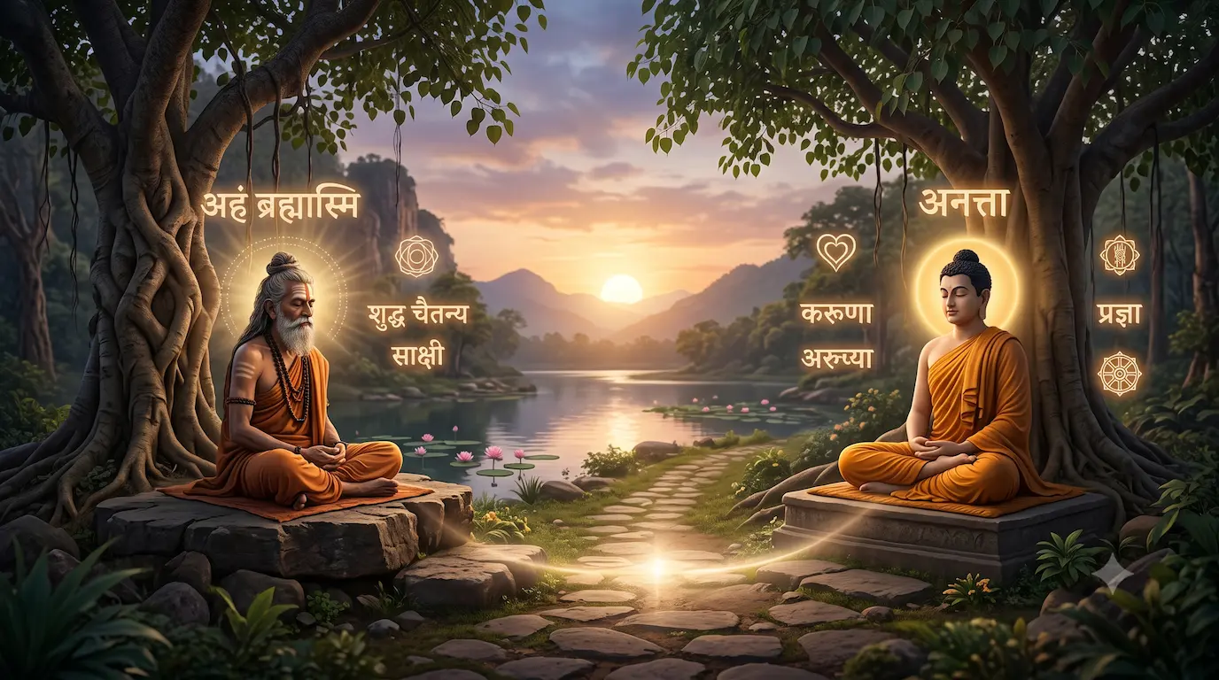 महर्षि अष्टावक्र और भगवान गौतम बुद्ध के ध्यान और दार्शनिक चिंतन को दर्शाता एक प्रतीकात्मक चित्र