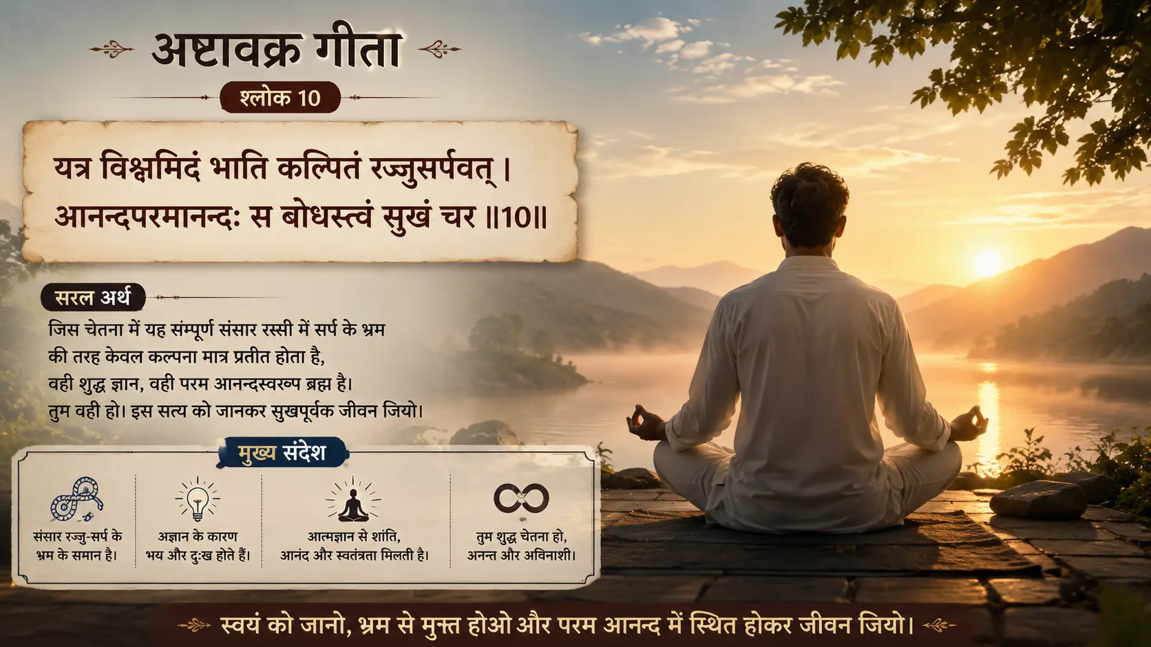 अष्टावक्र गीता श्लोक अर्थ और मानसिक शांति के लिए ध्यान की मुद्रा में बैठा व्यक्ति।