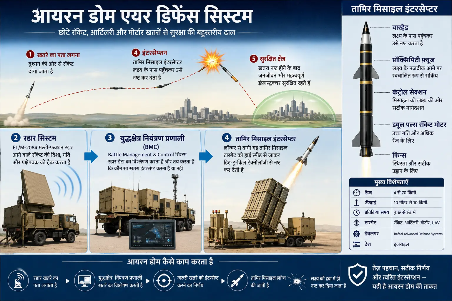 आयरन डोम एयर डिफेंस सिस्टम का इन्फोग्राफिक आरेख जिसमें रडार, युद्धक्षेत्र नियंत्रण प्रणाली और तामिर मिसाइल इंटरसेप्टर के काम करने का तरीका दिखाया गया है