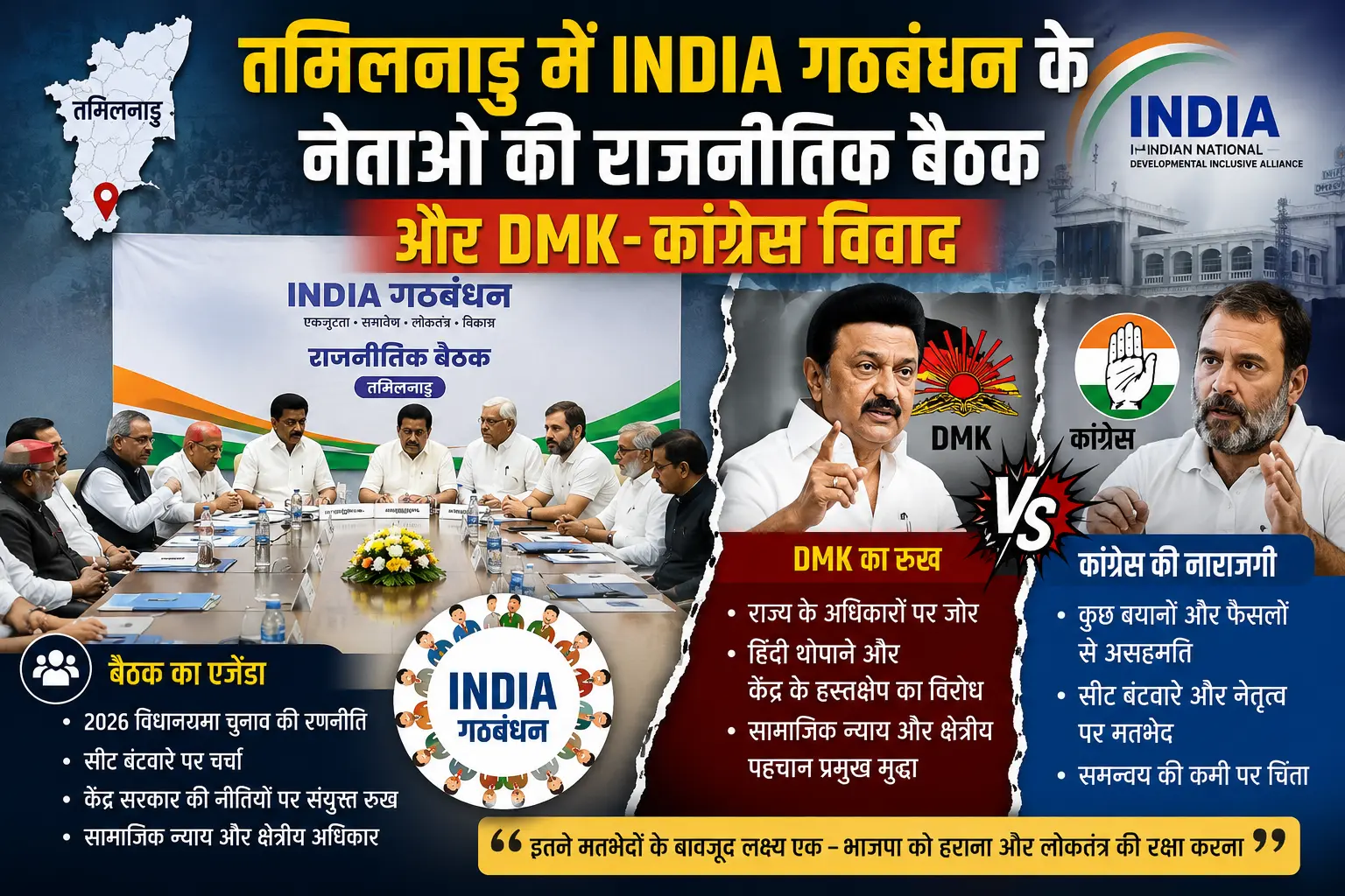 तमिलनाडु में INDIA गठबंधन के नेताओं की राजनीतिक बैठक और DMK-कांग्रेस विवाद ग्राफिक्स।