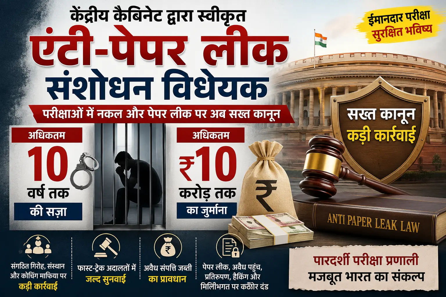 केंद्रीय कैबिनेट द्वारा स्वीकृत एंटी-पेपर लीक संशोधन विधेयक के तहत 10 वर्ष की सज़ा और ₹10 करोड़ जुर्माने का पोस्टर।