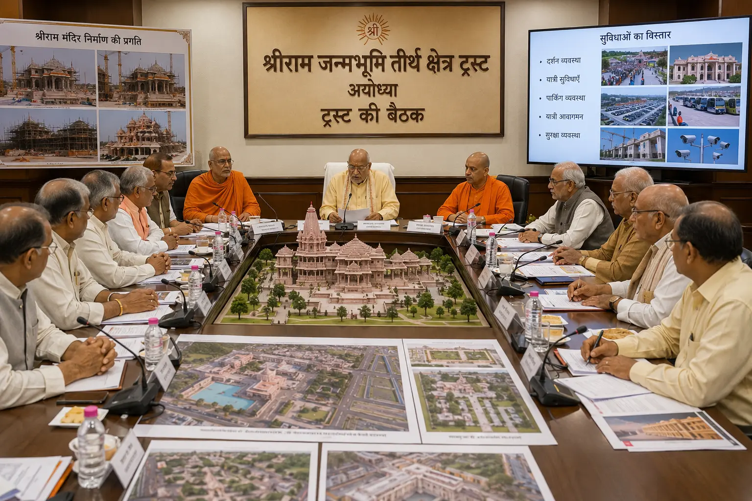 अयोध्या में श्रीराम जन्मभूमि तीर्थ क्षेत्र ट्रस्ट की बैठक का दृश्य जहाँ निर्माण और सुविधाओं की समीक्षा की जा रही है।