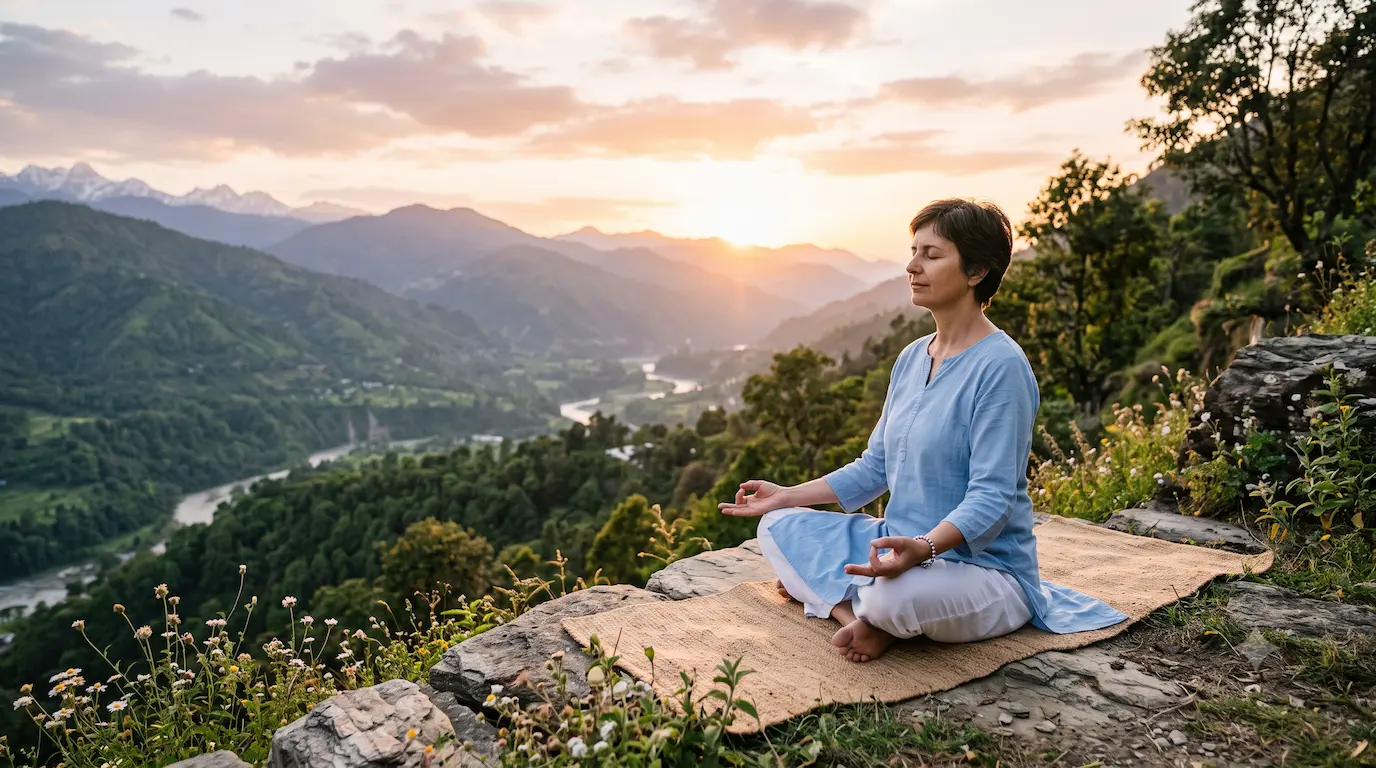 एक व्यक्ति शांति से ध्यान लगा रहा है जो मानसिक स्वतंत्रता और सकारात्मक सोच को दर्शाता है