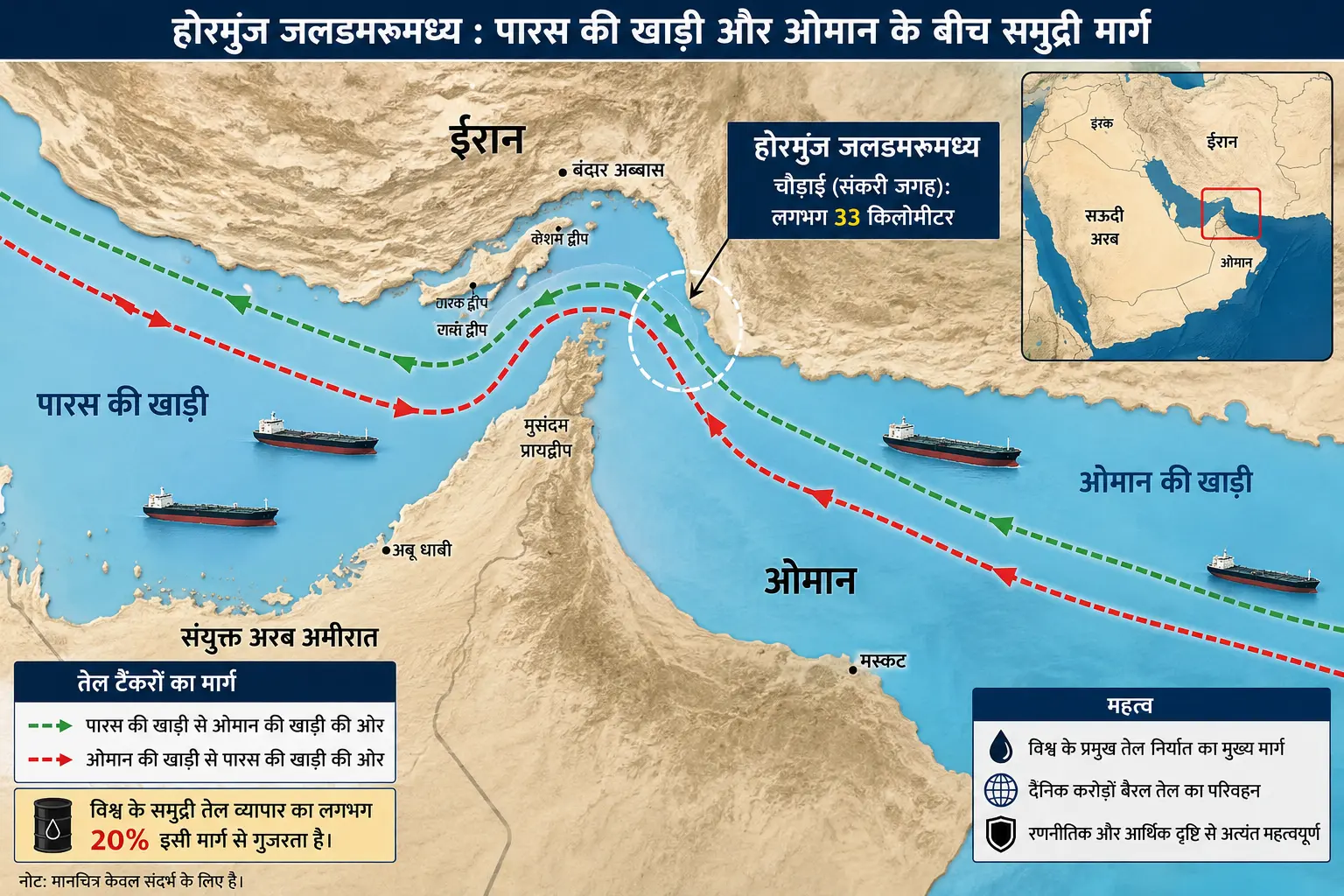 पारस की खाड़ी और ओमान के बीच होर्मुज जलडमरूमध्य का नक्शा, जिसमें तेल टैंकरों का मार्ग दिखाया गया है।
