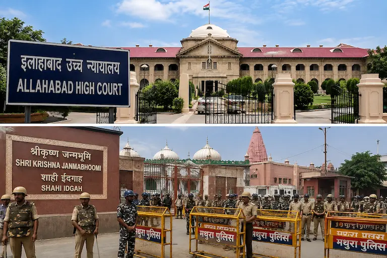 इलाहाबाद हाईकोर्ट भवन और मथुरा श्रीकृष्ण जन्मभूमि शाही ईदगाह परिसर सुरक्षा घेरा।