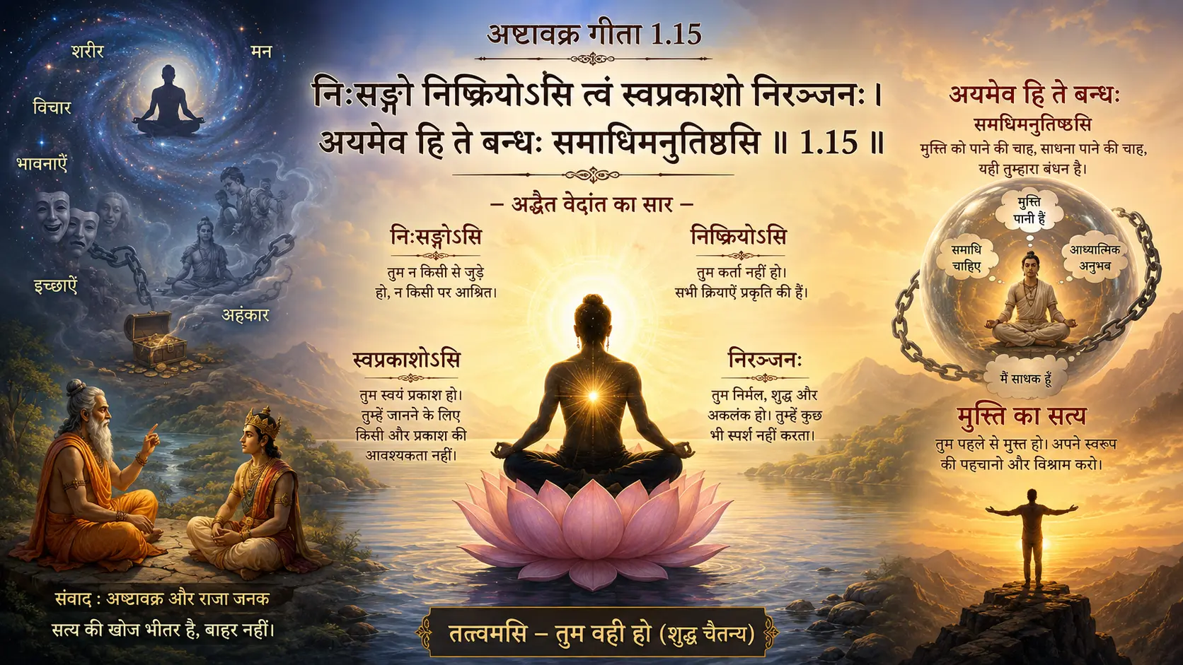 अष्टावक्र गीता श्लोक 1.15 का अद्वैत वेदांत दर्शन और आत्मा का स्वरूप दर्शाती कलाकृति।