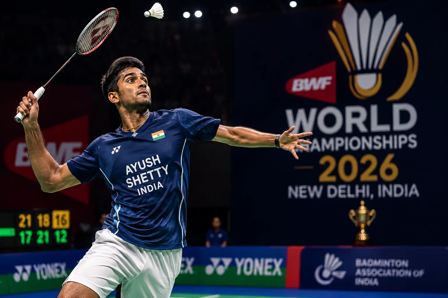आयुष शेट्टी बैडमिंटन कोर्ट पर स्मैश लगाते हुए BWF World Championships 2026