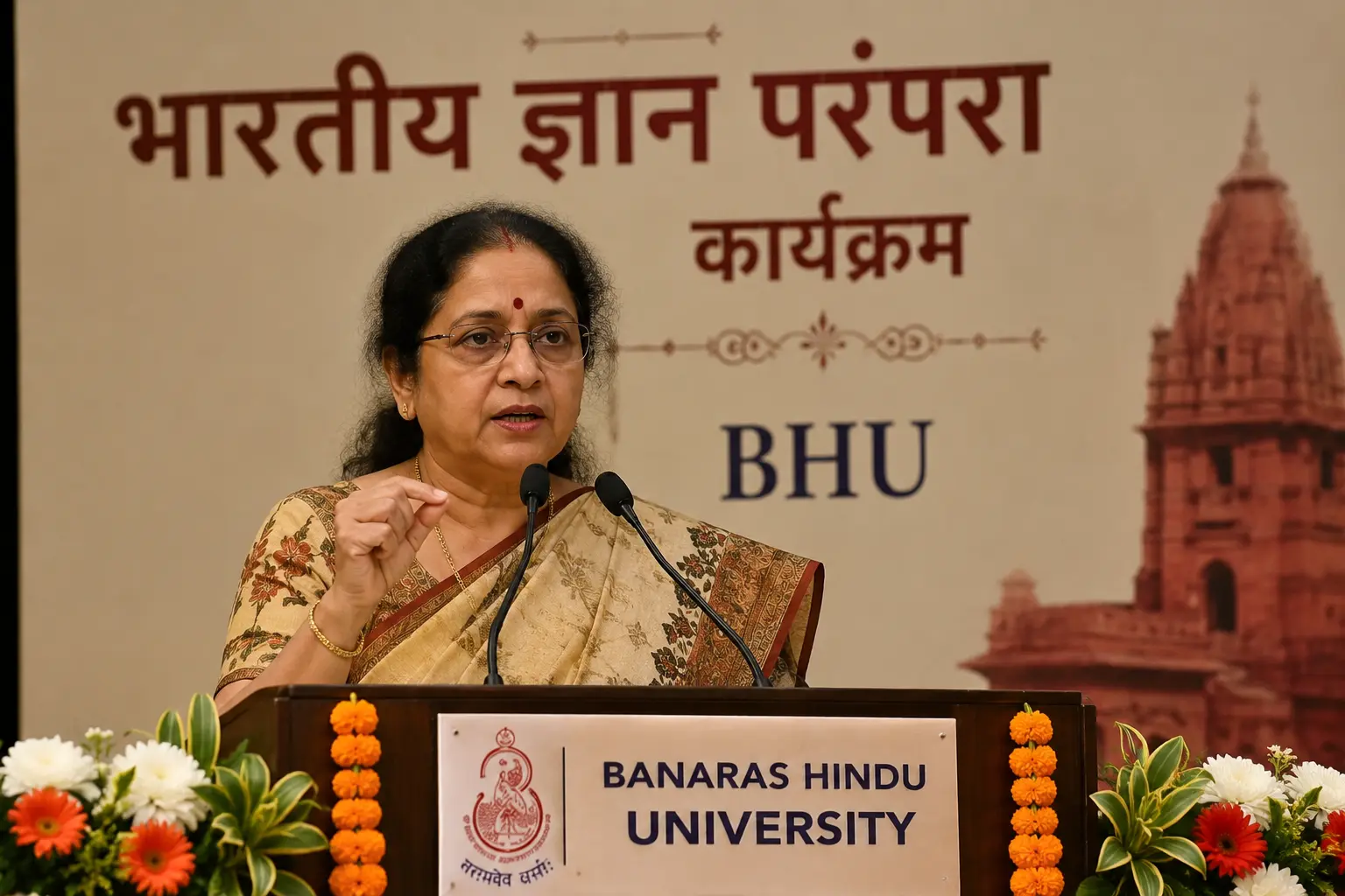 JNU कुलपति प्रो. शांतिश्री धुलिपुड़ी पंडित BHU में भारतीय ज्ञान परंपरा कार्यक्रम को संबोधित करते हुए।