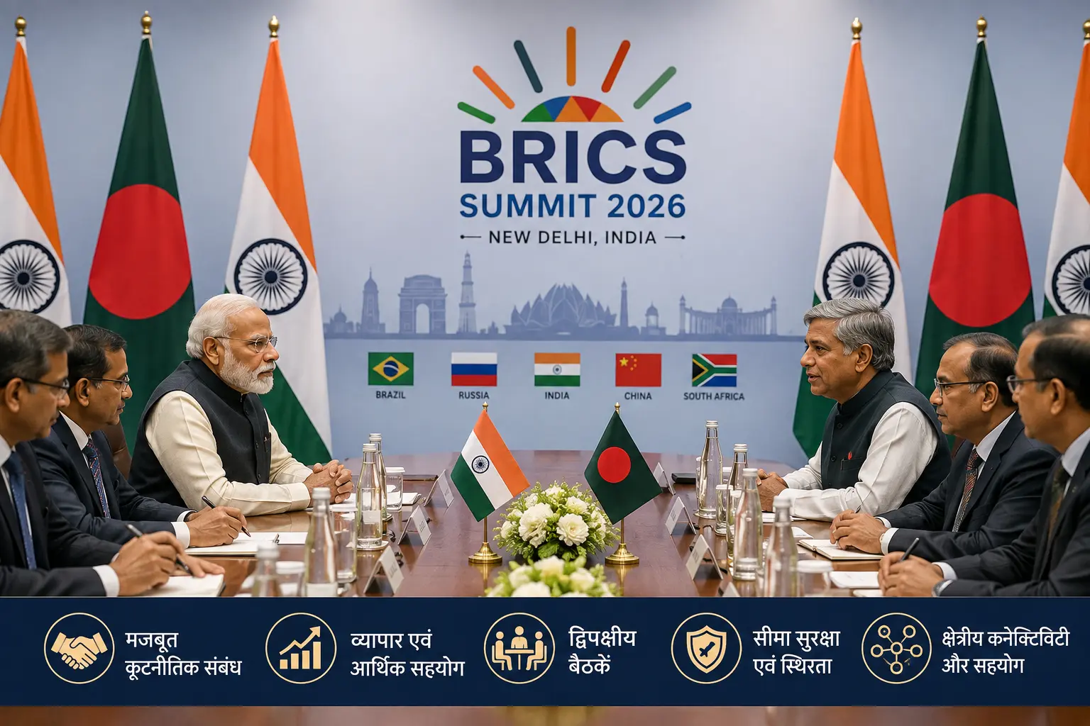 18वें BRICS Summit 2026 की पूर्व संध्या पर नई दिल्ली में भारत और बांग्लादेश के कूटनीतिक संबंधों एवं द्विपक्षीय बैठकों का सांकेतिक चित्रण।