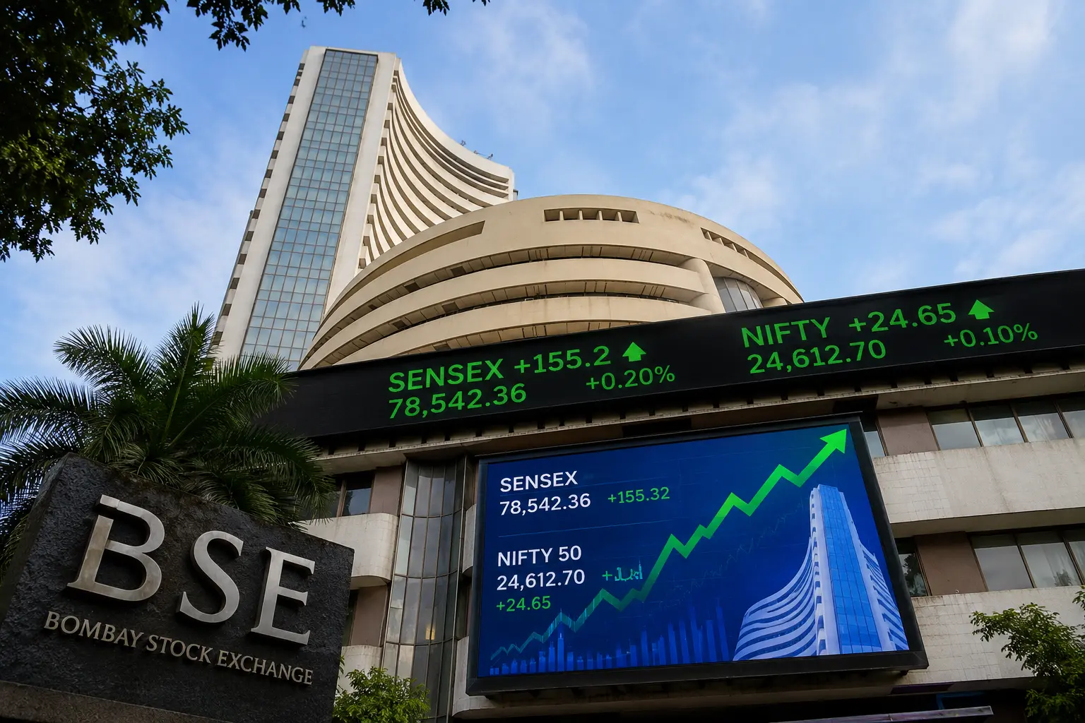 मुंबई में बॉम्बे स्टॉक एक्सचेंज (BSE) की प्रसिद्ध इमारत का बाहरी दृश्य, जो भारतीय शेयर बाजार में सेंसेक्स और निफ्टी की तेजी-मंदी की खबर को दर्शाता है.