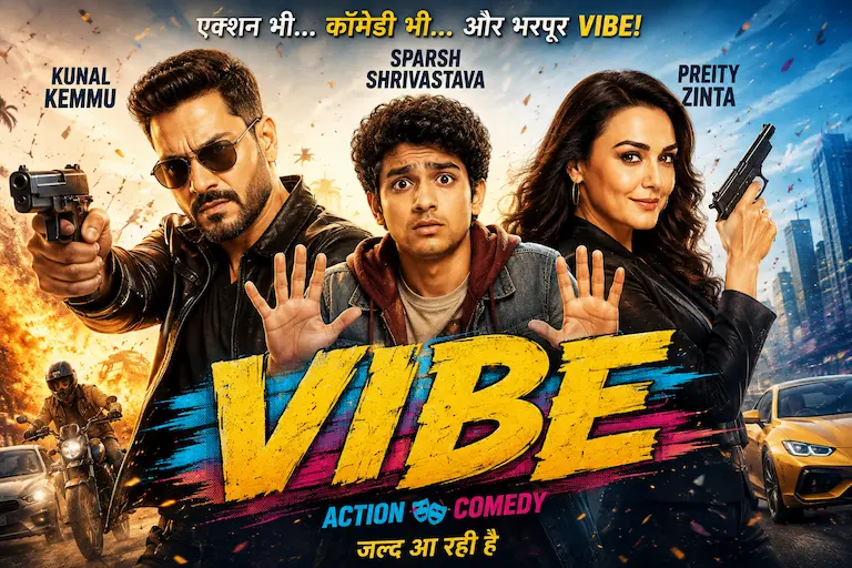 कुणाल खेमू, स्पर्श श्रीवास्तव और प्रीति जिंटा फिल्म Vibe के एक्शन-कॉमेडी पोस्टर में