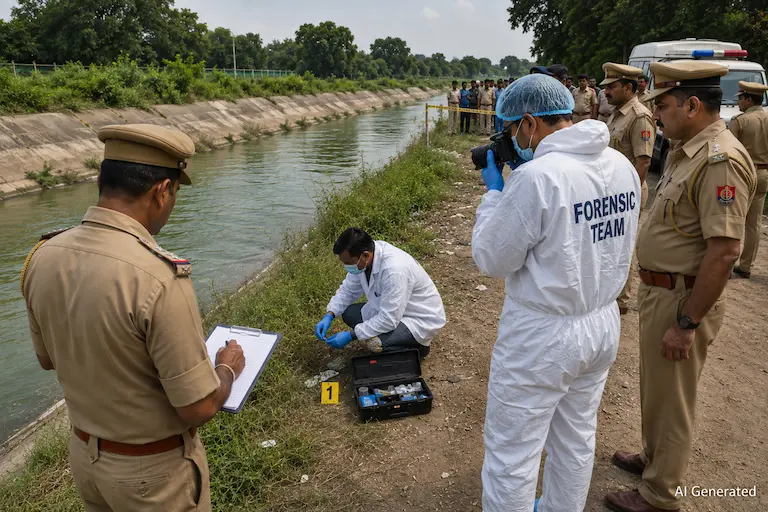 Lucknow Police and Forensic Team inspecting the canal spot where Dhirendra Pratap Singh body was found.