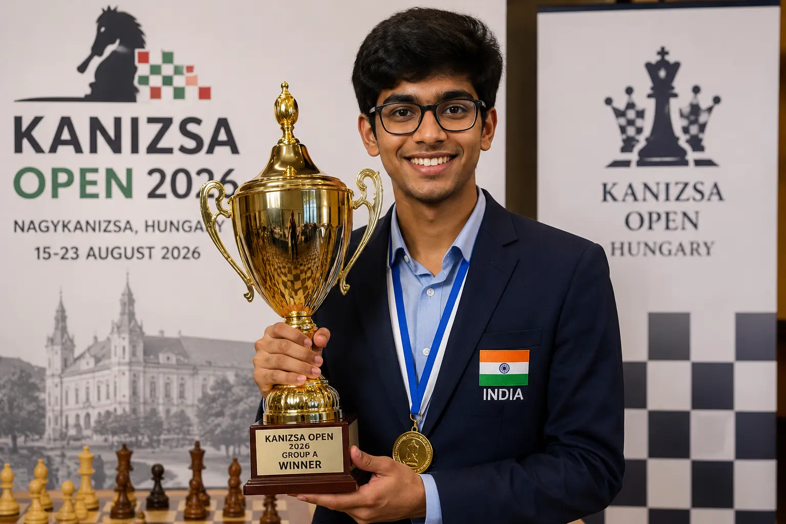 हंगरी में Kanizsa Open 2026 का खिताब जीतने के बाद ट्रॉफी के साथ भारतीय ग्रैंडमास्टर प्रणेश एम