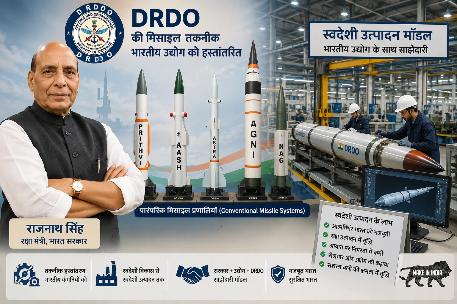 क्षा मंत्री राजनाथ सिंह और DRDO द्वारा विकसित पारंपरिक मिसाइल प्रणाली का स्वदेशी उत्पादन मॉडल।