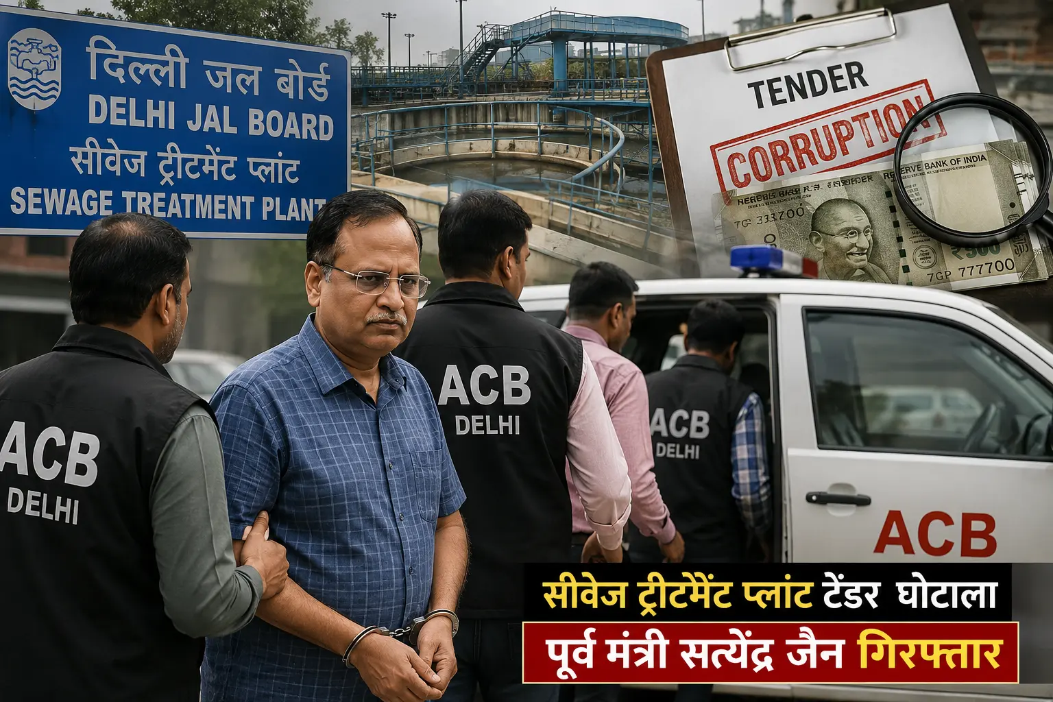 दिल्ली जल बोर्ड सीवेज ट्रीटमेंट प्लांट घोटाले में ACB द्वारा पूर्व मंत्री सत्येंद्र जैन की गिरफ्तारी की सांकेतिक तस्वीर