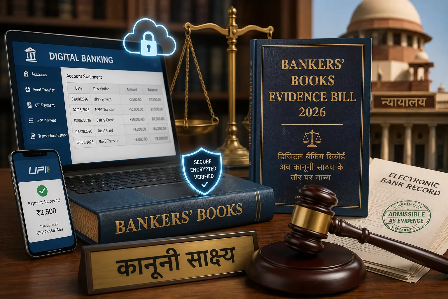 डिजिटल बैंकिंग और बैंकर्स बुक्स एविडेंस बिल 2026 का अदालती साक्ष्य प्रतीक चित्र