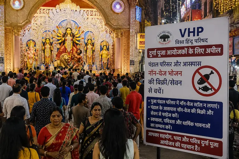 कोलकाता में दुर्गा पूजा पंडाल परिसर और श्रद्धालुओं की भीड़ जहां VHP ने नॉन-वेज स्टॉल न लगाने की अपील की है।
