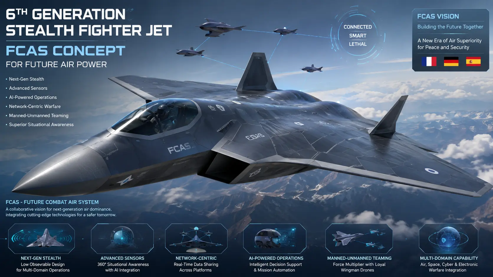 6th generation stealth fighter jet FCAS aircraft concept for future air power