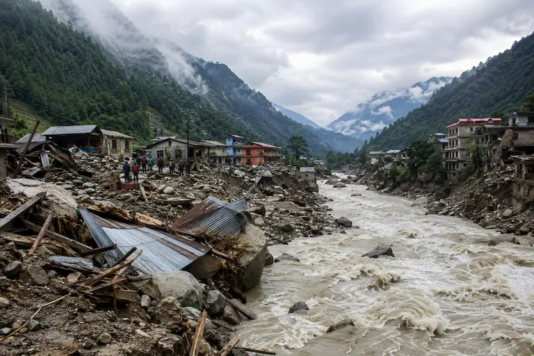 नेपाल-तिब्बत सीमा पर बाढ़ और भूस्खलन के बाद मलबे में तब्दील क्षेत्र और बहती त्रिशूली नदी।