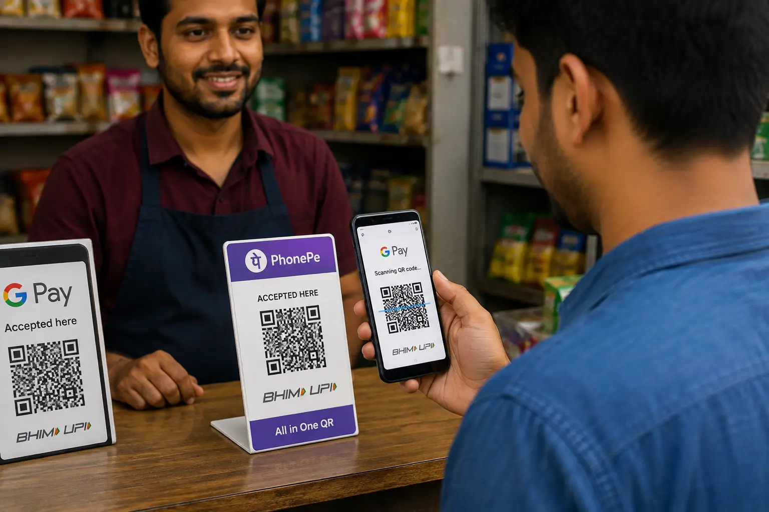 QR कोड स्कैन करके UPI ऐप PhonePe और Google Pay से डिजिटल पेमेंट करता हुआ ग्राहक।
