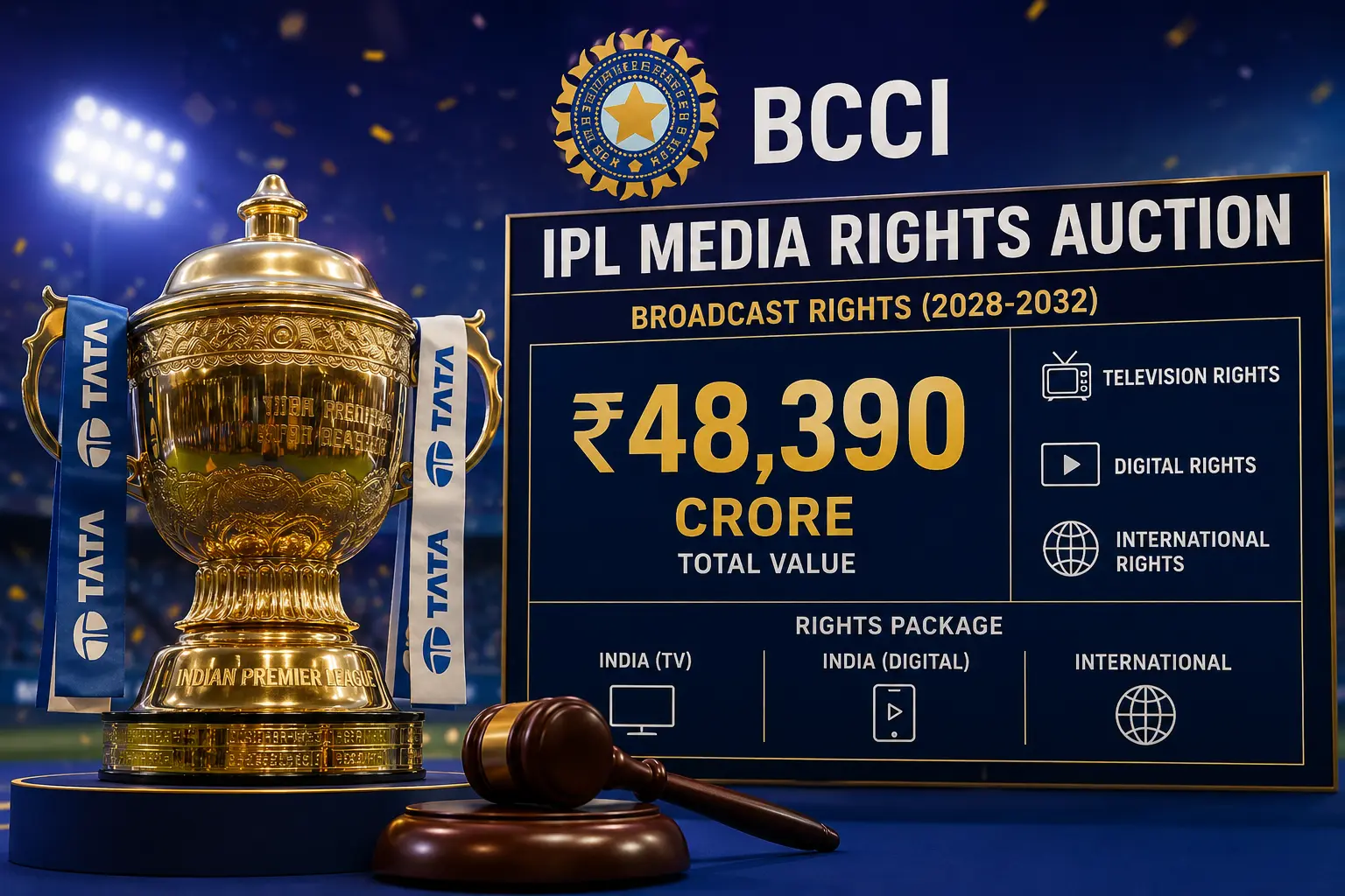 IPL ट्रॉफी और BCCI का मीडिया राइट्स नीलामी बोर्ड जो ब्रॉडकास्ट अधिकारों के ₹48,390 करोड़ के मूल्यांकन को दर्शाता है।