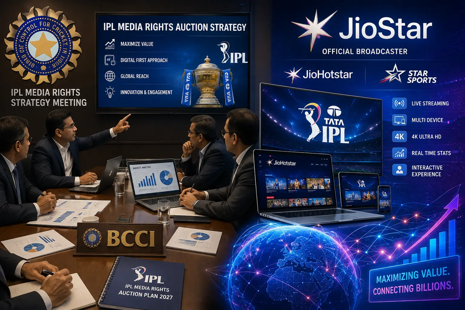 IPL मीडिया राइट्स नीलामी की रणनीति बनाती BCCI और JioStar ब्रॉडकास्टिंग का डिजिटल ग्राफिक्स